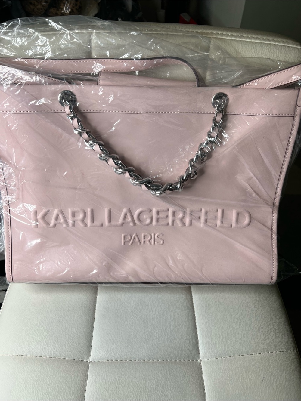 Karl Lagerfeld Pink Leather Tote with Silver Chain Handles